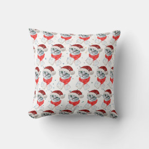 Coussin Joli Chat Gris Tabby de Noël Aquarelle