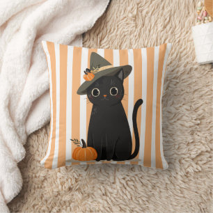 Coussin Joli chat noir Halloween avec chapeau de sorcière