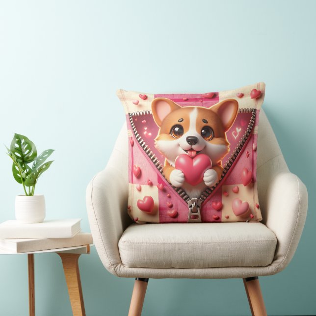 Coussin Joli chiot 3D dans un Arrière - plan rose et blanc (Chaise)