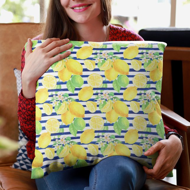 Coussin Joli citrons aquarelle sur bandes bleues (Créateur téléchargé)