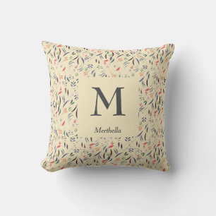 Coussin Joli Crème FLORALE Personnalisé MONOGRAMME