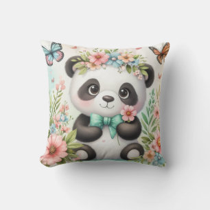 Coussin Joli et drôle d'ours panda parmi les fleurs aquare