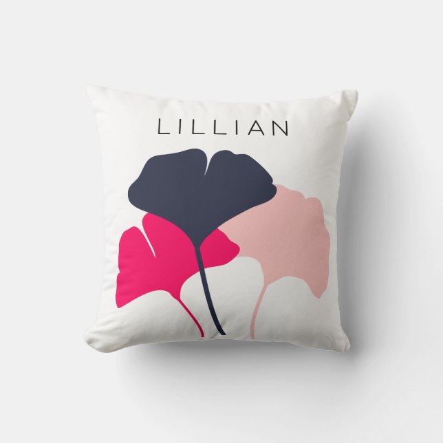 Coussin Joli Feuille personnalisé Navy Blue & Pink Ginkgo (Recto)