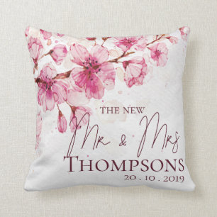 Coussin Joli floral aquarelle rose mariage M. Mme nouveau