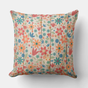 Coussin Joli floral rouge orange bleu sur bois blanc