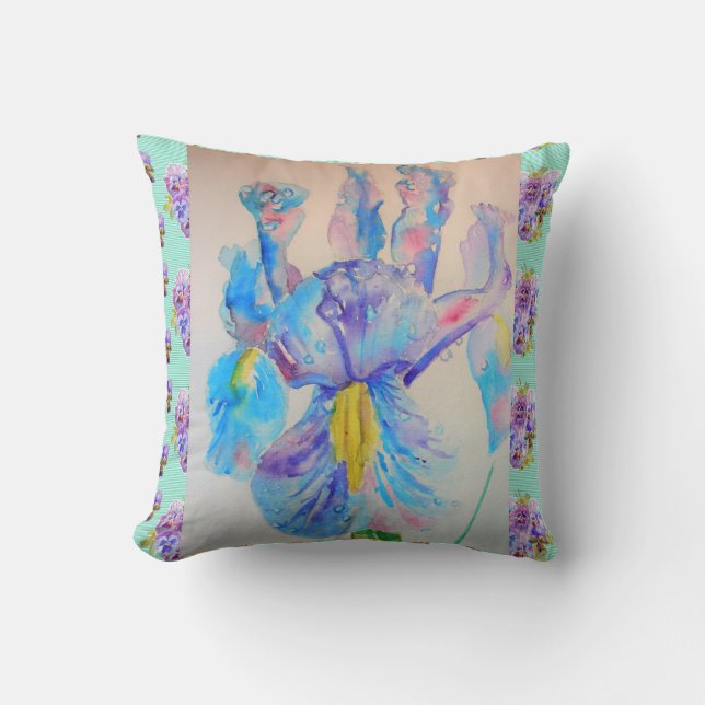 Coussin Joli Iris aquarelle peinture Aqua Cushion (Recto)