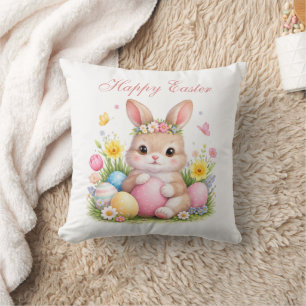 Coussin Joli lapin de Pâques aux pivoines rose pâle