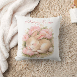 Coussin Joli lapin de Pâques aux pivoines rose pâle