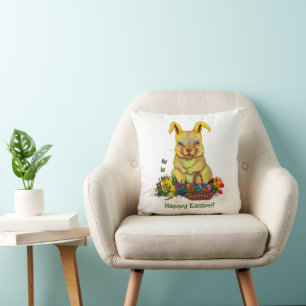 Coussin Joli lapin de Pâques avec oeufs et fleurs