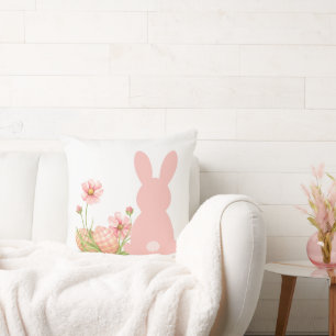Coussin Joli lapin de Pâques rose avec des fleurs printani