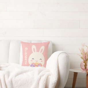 Coussin Joli lapin et fleurs rose