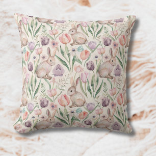 Coussin Joli Lapin Gris avec des Tulipes Colorées
