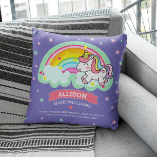 Coussin Joli Licorne Arc-en-Ciel Statistiques de Naissance