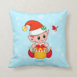 Coussin Joli Lutin de Noël et Cardinal sur Turquoise