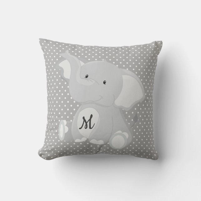 Coussin Joli Monogramme Eléphant Gris et blanc Polka point (Recto)