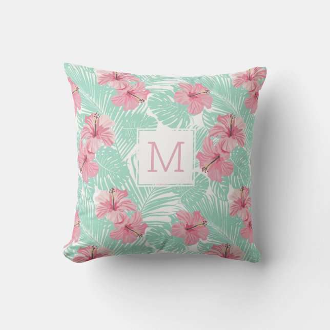 Coussin Joli monogramme tropical d'Hibiscus rose floral (Recto)