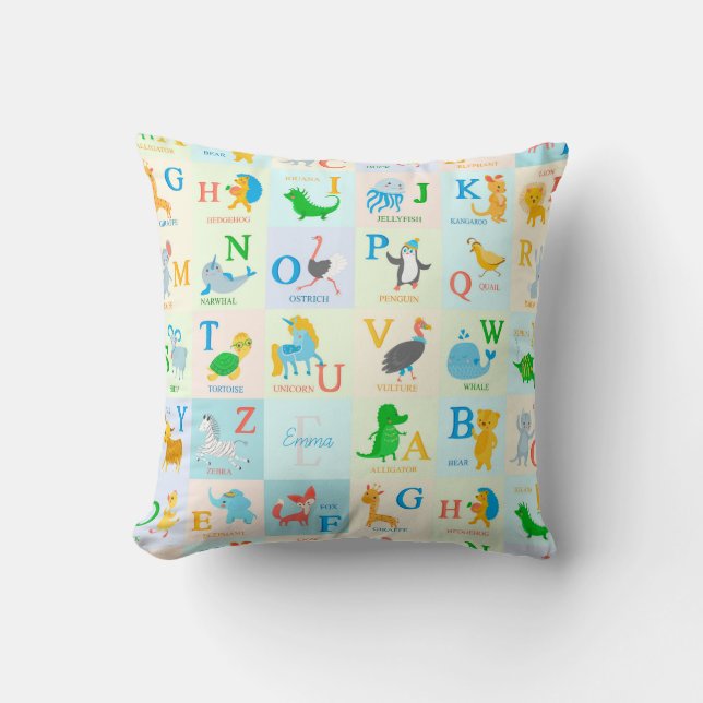 Coussin Joli Motif ABC Animal Alphabet avec prénom (Recto)