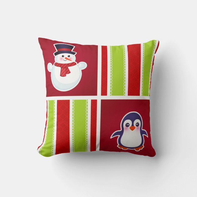 Coussin Joli Motif De Noël Avec Des Snowmen Et Des Pingoui (Recto)