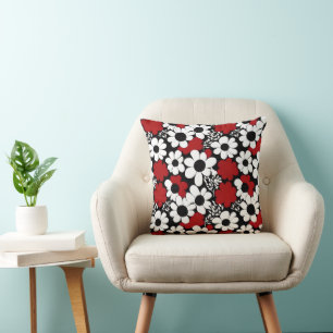Coussin Joli motif floral en rouge, noir et blanc