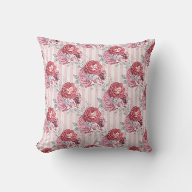 Coussin Joli motif floral rayé rose (Recto)