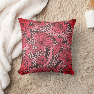 Coussin Joli motif imprimé floral noir léopard rose