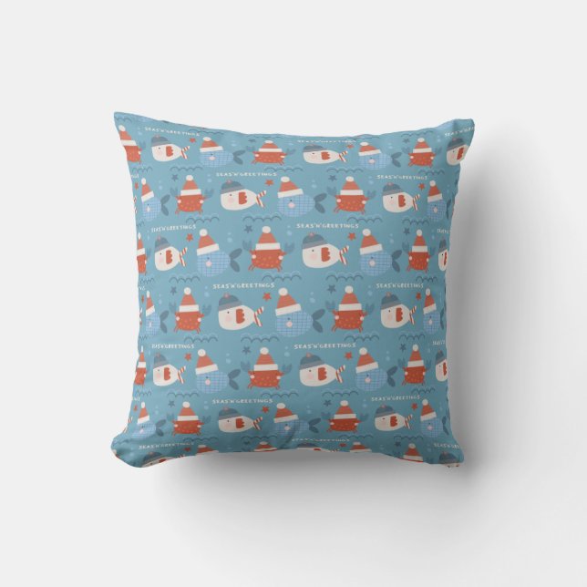 Coussin Joli Noël Océan Animaux Poisson Crabe Bleu Rouge (Recto)