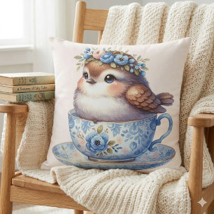 Coussin Joli Oiseau dans une Tasse à Thé Florale Art Cotta