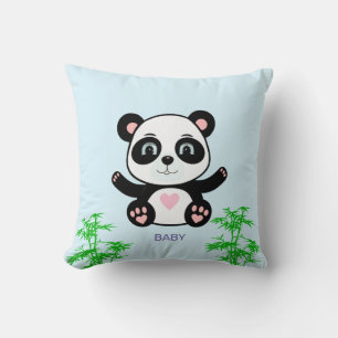 Coussin Joli Ours Panda & Bambou sur Fond Bleu Clair
