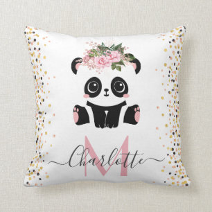 Coussin Joli panda fleuri monogramme personnalisé jeton pi