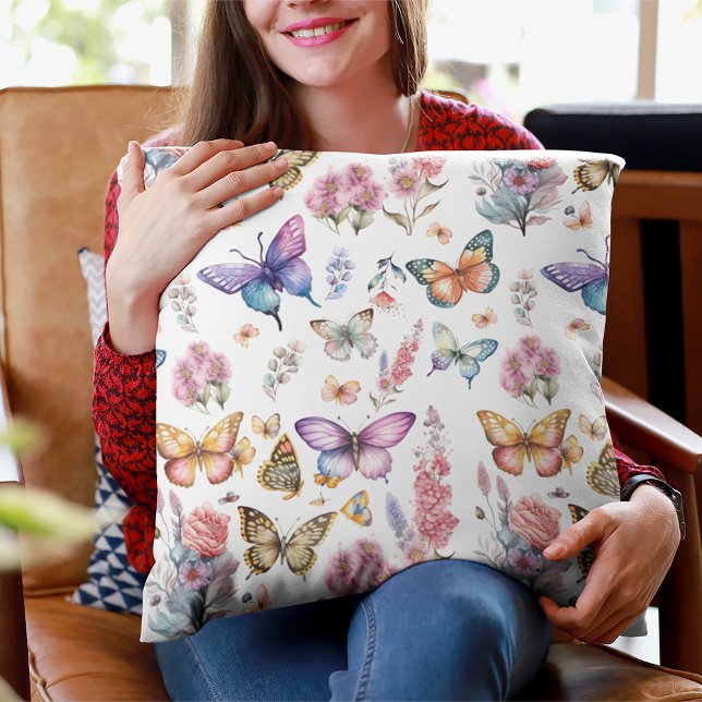 Coussin Joli papillon d'aquarelle Motif de jardin fleuri (Créateur téléchargé)