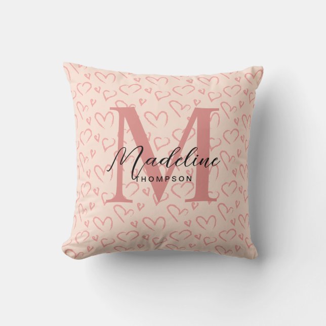 Coussin Joli Pastel Rose Coeur Motif Script Monogramme (Recto)