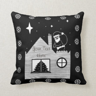 Coussin Joli père Noël avec sac sur le toit noir et blanc