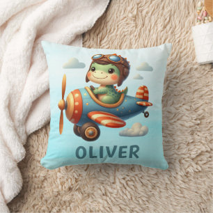 Coussin Joli Pilote Trex Dinosaure Pilotant un Avion Bleu