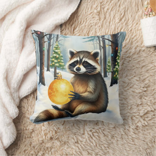 Coussin Joli Raton laveur d'hiver avec Ornement Doré Noël