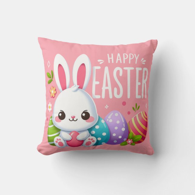 Coussin Joli, rose et heureux lapin de Pâques (Recto)