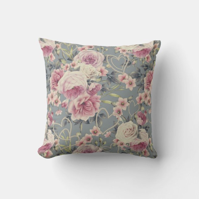 Coussin Joli rose Floral et Pearl Hearts Motif (Recto)