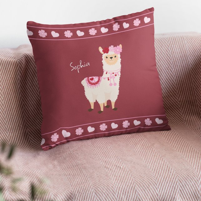 Coussin Joli rose Saint Valentin Llama Little Girl Name (Créateur téléchargé)