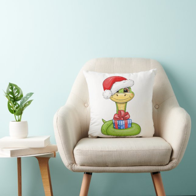 Coussin Joli serpent vert caricature avec cadeau. (Chaise)