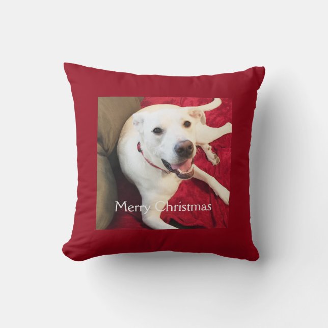 Coussin Joli sourire blanc chiot chien Noël rouge (Recto)