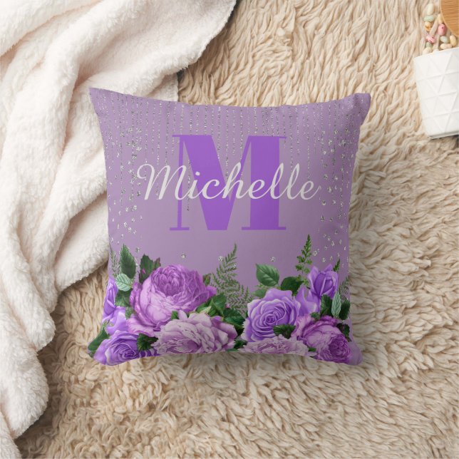 Coussin Joli violet Floral Parties scintillant argent Mono (Couverture)