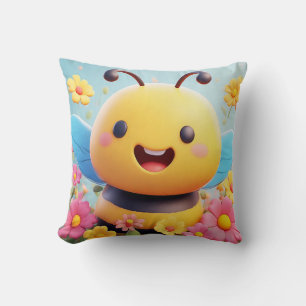 Coussin Jolie abeille de dessin animé entourée de fleurs c