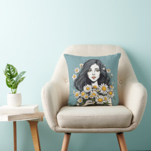 Coussin Jolie Dame Avec Bouquet Daisy