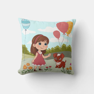 Coussin Jolie Fille avec Chien & Ballons