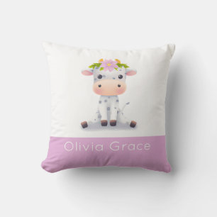Coussin Jolie fille bébé vache portant une couronne de fle