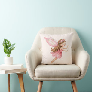 Coussin Jolie Fille Fée en Robe Rose Fantaisiste