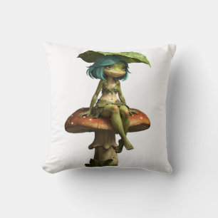 Coussin Jolie Fille Grenouille Assise sur Champignon