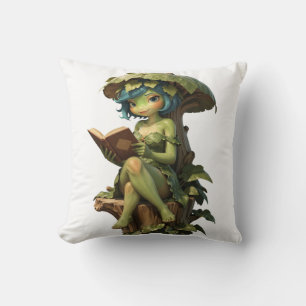 Coussin Jolie Fille Grenouille Lisant un Livre Sous une Fe