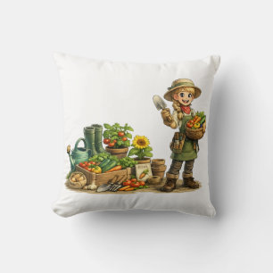 Coussin Jolie Fille Jardinière Récoltant des Légumes Art