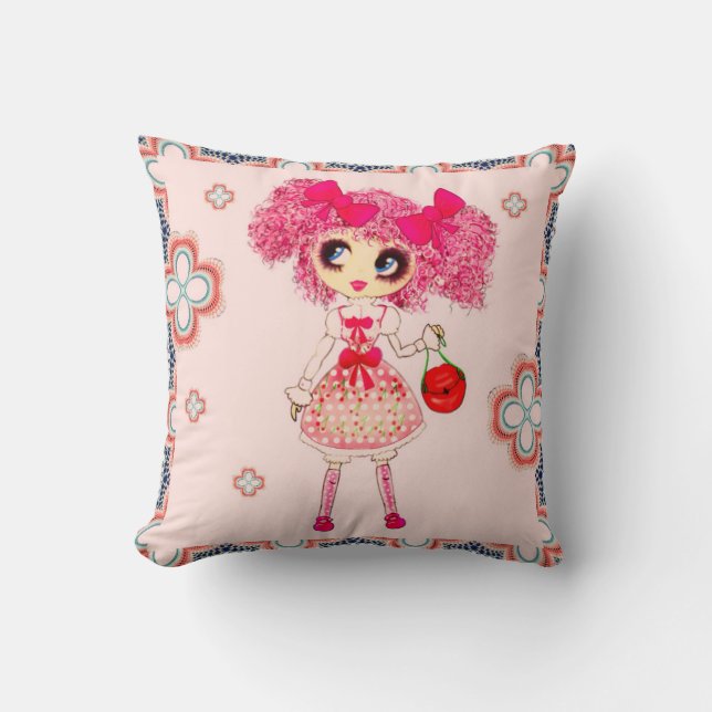 Coussin Jolie fille PinkyP rose Kawaii fille par LeahG (Recto)
