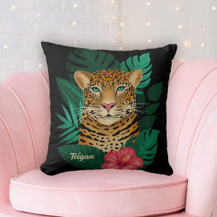 Coussin Jolie jungle léopard Art Floral Noir Nom